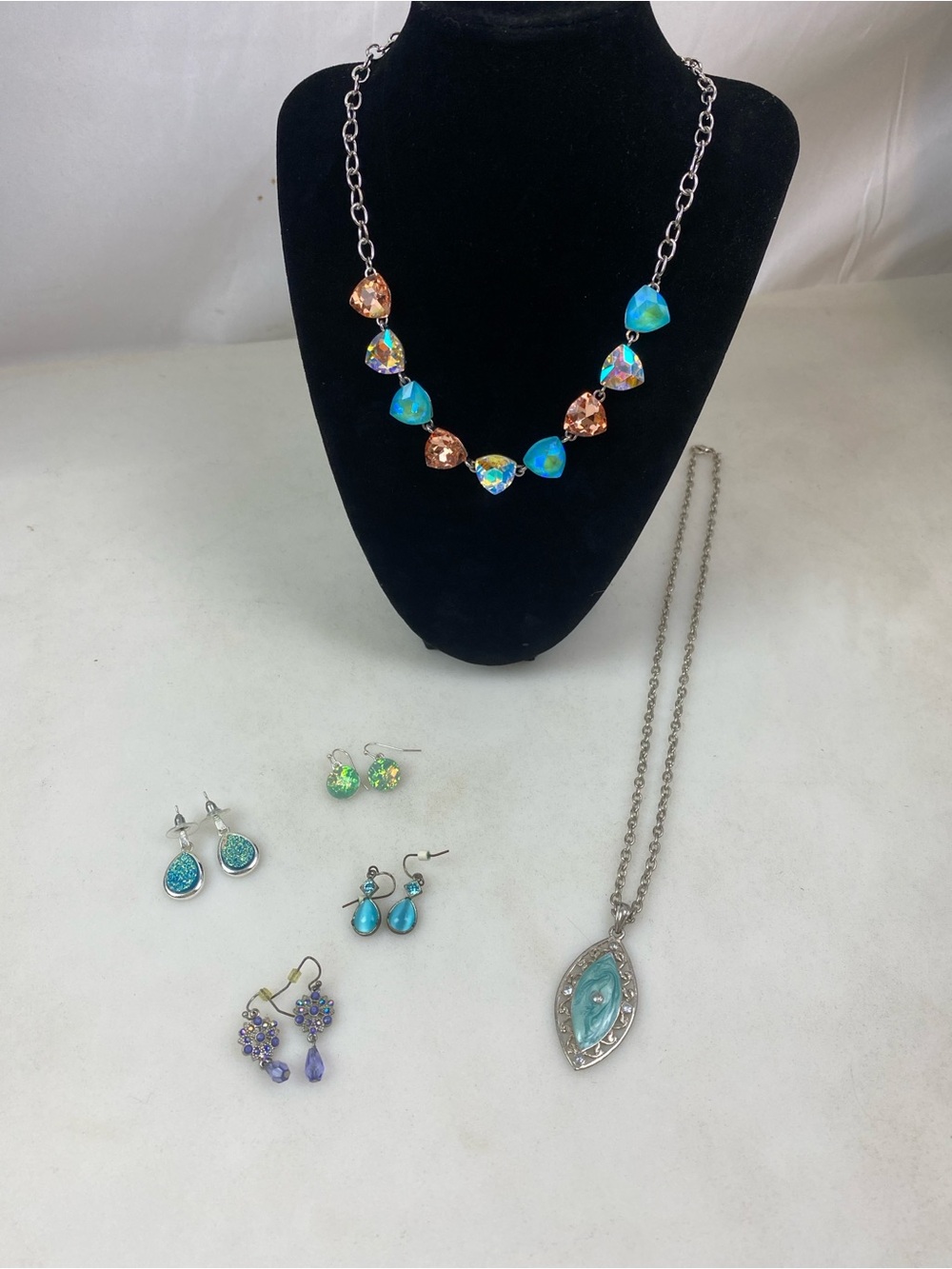 Statement Jewelry Lot Iridescent Rhinestone Necklace Blue Earrings Opalescent